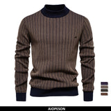 AIOPESON New Design Mens Mock Neck Cotton Pullover Sweaters Autumn Winter Warm Stripped Sweater for Men