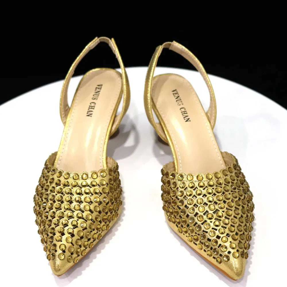 Popularity Pointed Toe Heels for Women 2024 Elegant Party Golden Color Full Diamond Pumps Italian Shoes and Bags Matching Set