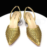 Popularity Pointed Toe Heels for Women 2024 Elegant Party Golden Color Full Diamond Pumps Italian Shoes and Bags Matching Set