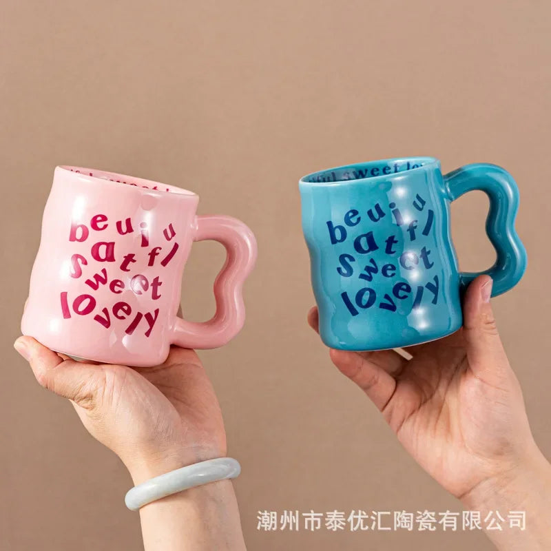 Cartoon english ceramic mug mug mug male and female student couple water mug coffee mug valentine's day gift