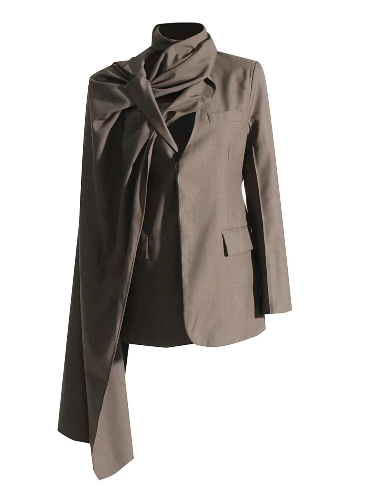 TWOTWINSTYLE Solid Minimalist Blazer For Women Scarf Collar Long Sleeve Patchwork Pocket Asymmetrical Blazers Female Fashion New