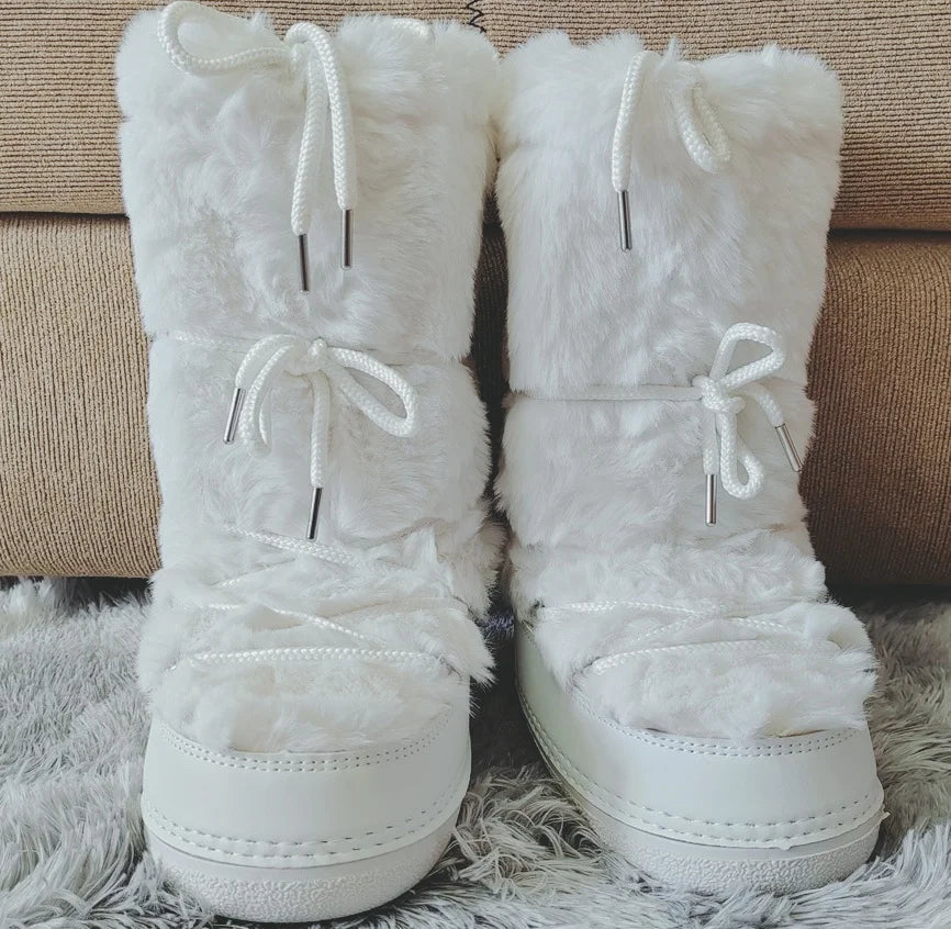 y2k Black Fur Boots for Women Snow Boots 2025 Winter Faux Fur Boots Fluffy Fuzzy Furry Faux Fur Boots Waterproof Mid-calf Boots