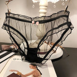Women Sexy Transparent Panties Pink Bow Cotton Crotch Briefs Female Mesh Breathable Underwear Wave Edged Hollow Out Underpants