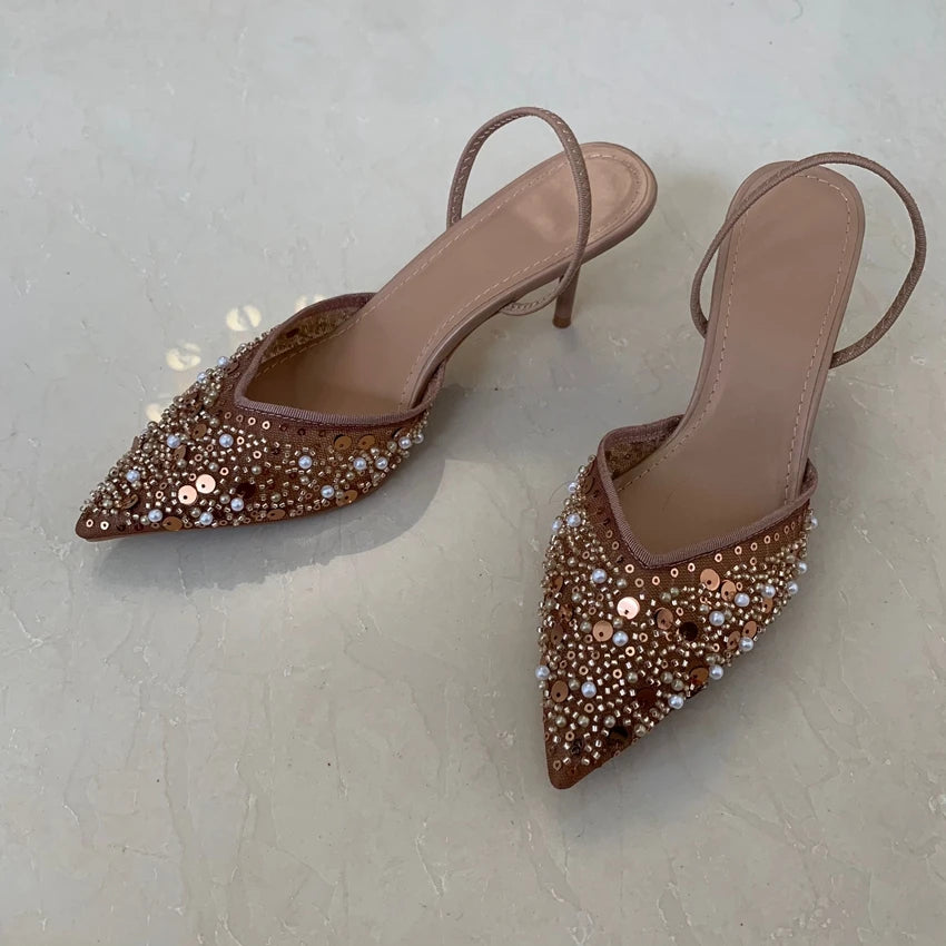 New Beaded Mesh Slingback High Heels For Women Luxury Pointed toe Heeled Pumps Office Lady Pumps Summer Stiletto Shoe Sandals