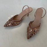New Beaded Mesh Slingback High Heels For Women Luxury Pointed toe Heeled Pumps Office Lady Pumps Summer Stiletto Shoe Sandals