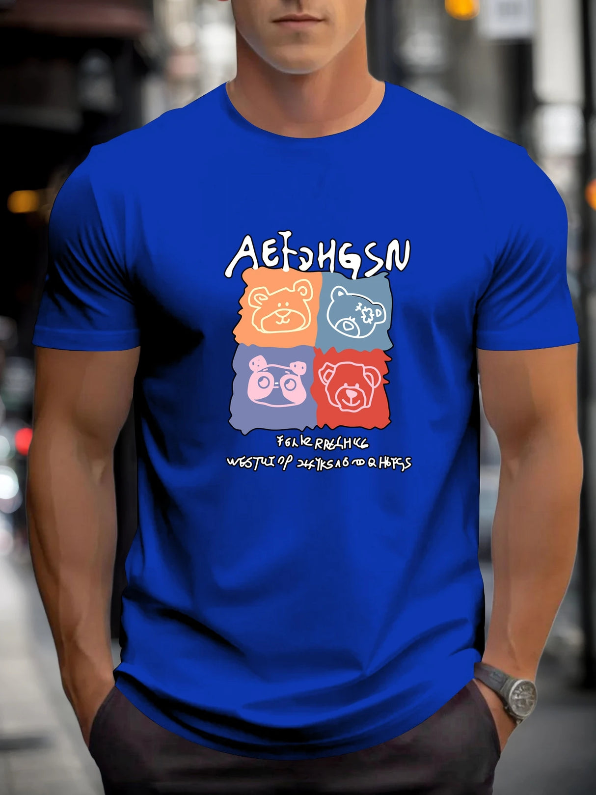 T Shirts For Men Bear 100% Cotton Graphic Printing Summer Round Neck T-Shirt Casual Breathable Street Style Daily Top