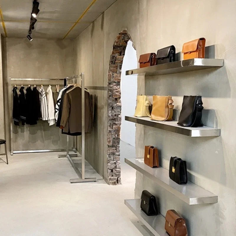 Shoe Bag Display Storage Rack with Lamp Modern Stainless Steel Wall Store Display Shelf Floating Wall Shelves Organization Racks