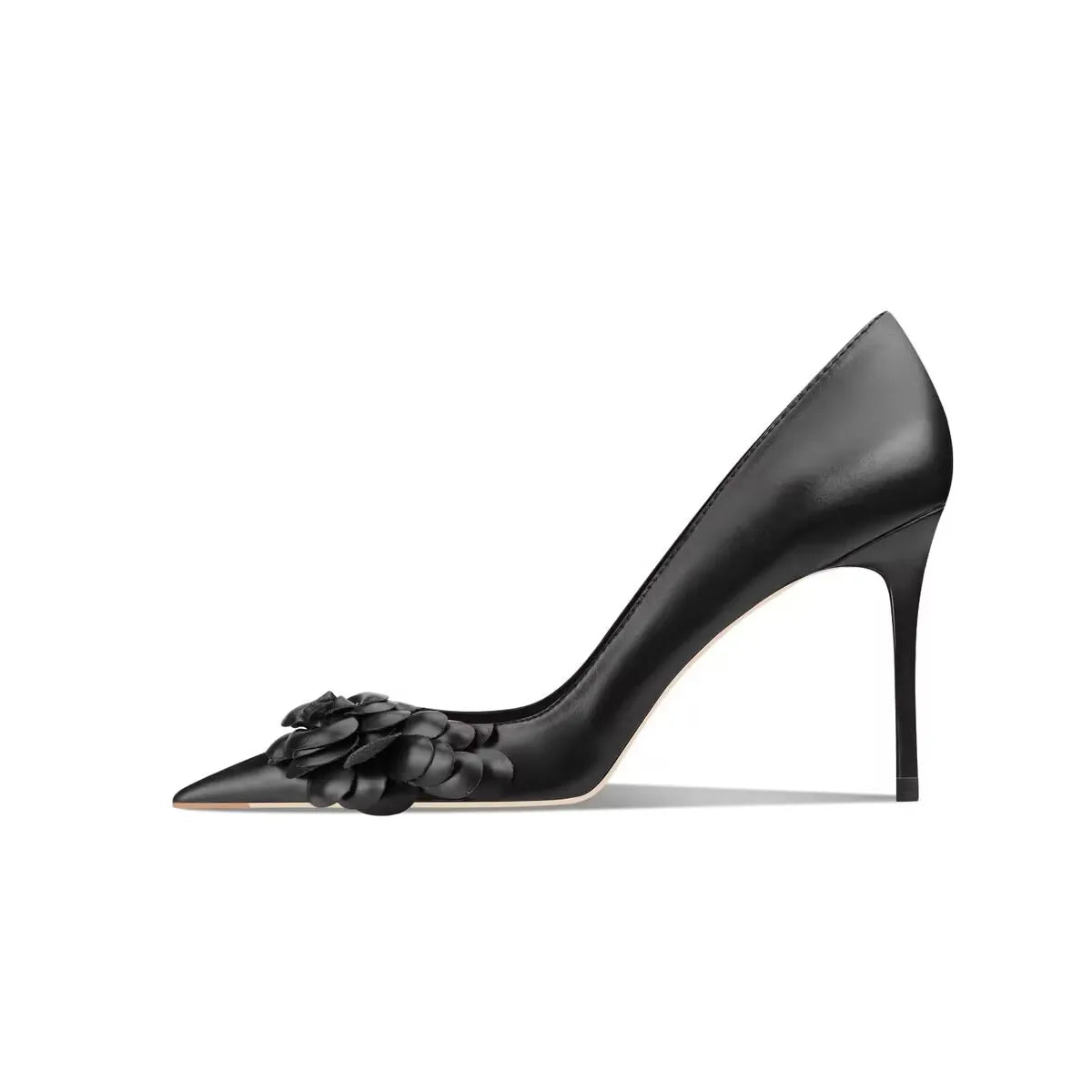Real leather black camellia high heels for women 2024 new French pointed thin heel design, niche temperament single shoe