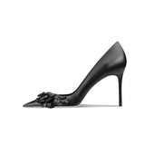 Real leather black camellia high heels for women 2024 new French pointed thin heel design, niche temperament single shoe