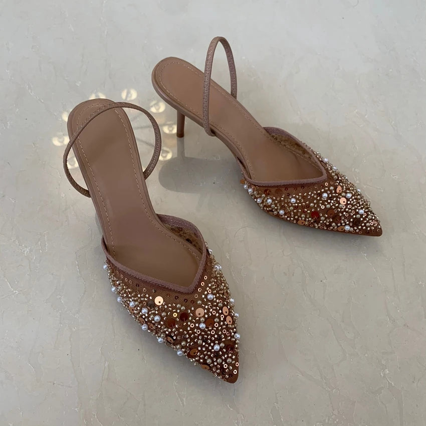 New Beaded Mesh Slingback High Heels For Women Luxury Pointed toe Heeled Pumps Office Lady Pumps Summer Stiletto Shoe Sandals