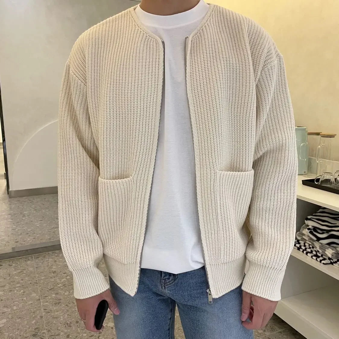 Man Clothes Casual Cardigan Knitted Sweaters for Men Solid Color with Pockets Crewneck Zip-up Round Collar Plain Zipper Order S
