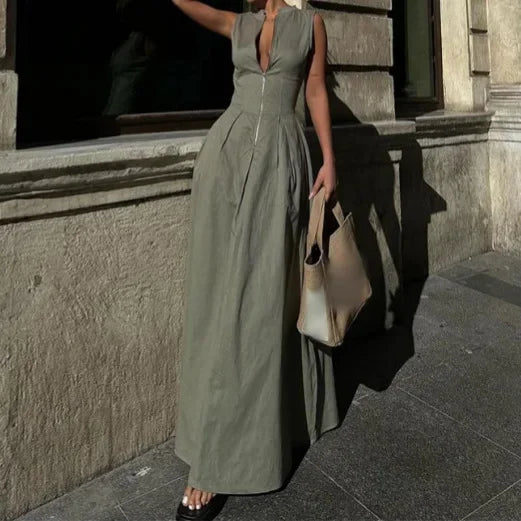 Women's Dress Sleeveless V-Neck Casual Waist-Fitted Zipper