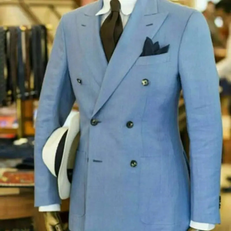 Slim Fit Blue Blazer for Men with Peak Lapel Double Breasted Dinner Jacket Elegant Smoking Suit Coat for Business