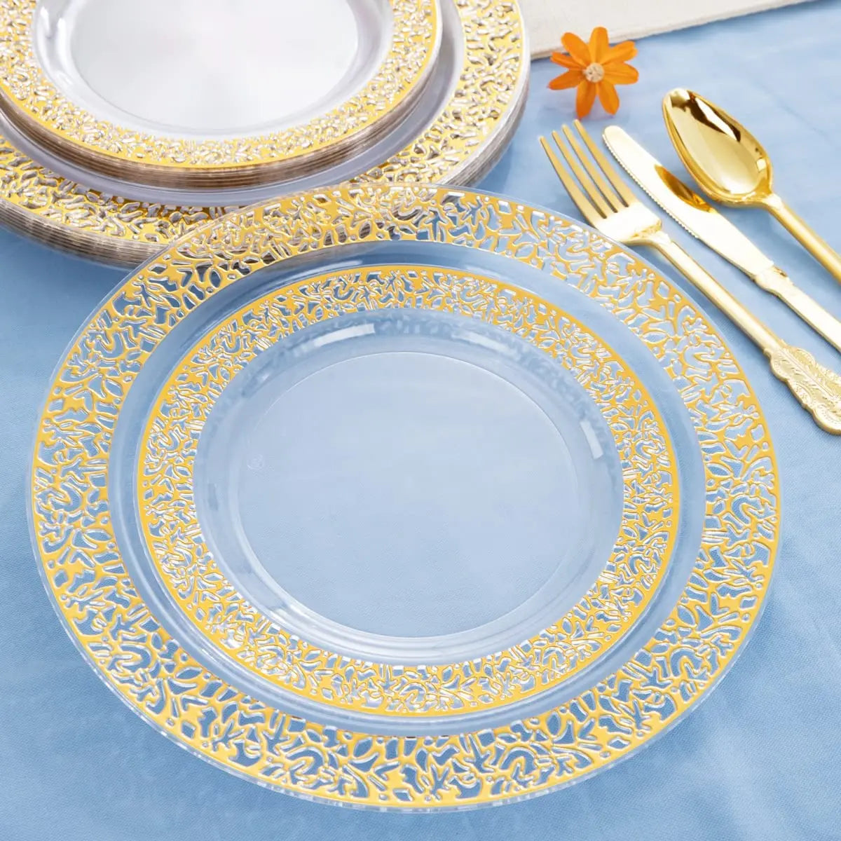 Gold Plastic Plates-Clear Plastic Party Plates, Premium Heavyweight Disposable Wedding Plates Dinner Plates Desser for holidays