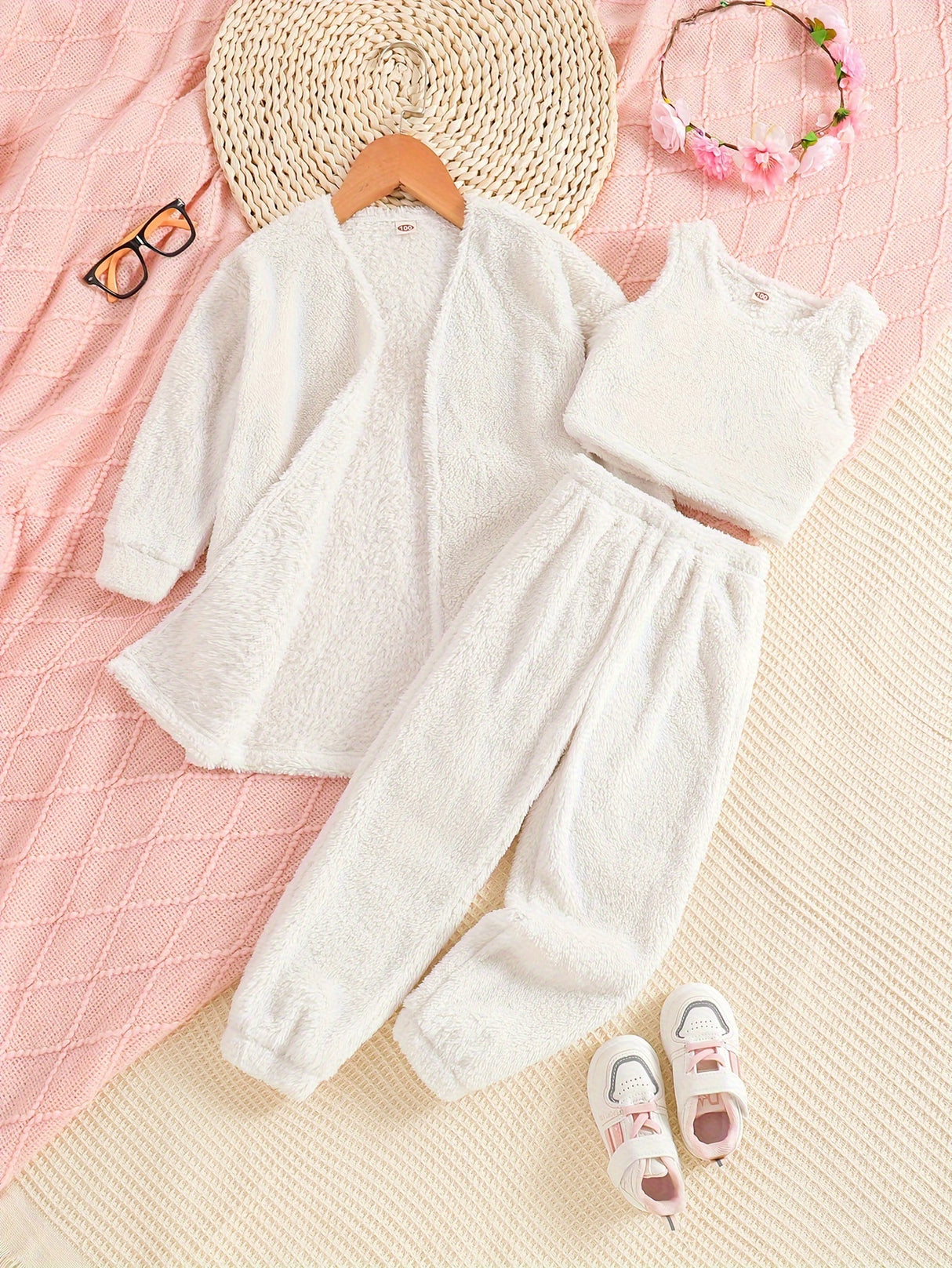 Double-sided Fleece 3pc Sets Toddler Girls Open Fron Jacket & Cami Tank Top & Jogger Pants Kids Clothes For Fall Winter Party