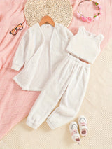 Double-sided Fleece 3pc Sets Toddler Girls Open Fron Jacket & Cami Tank Top & Jogger Pants Kids Clothes For Fall Winter Party