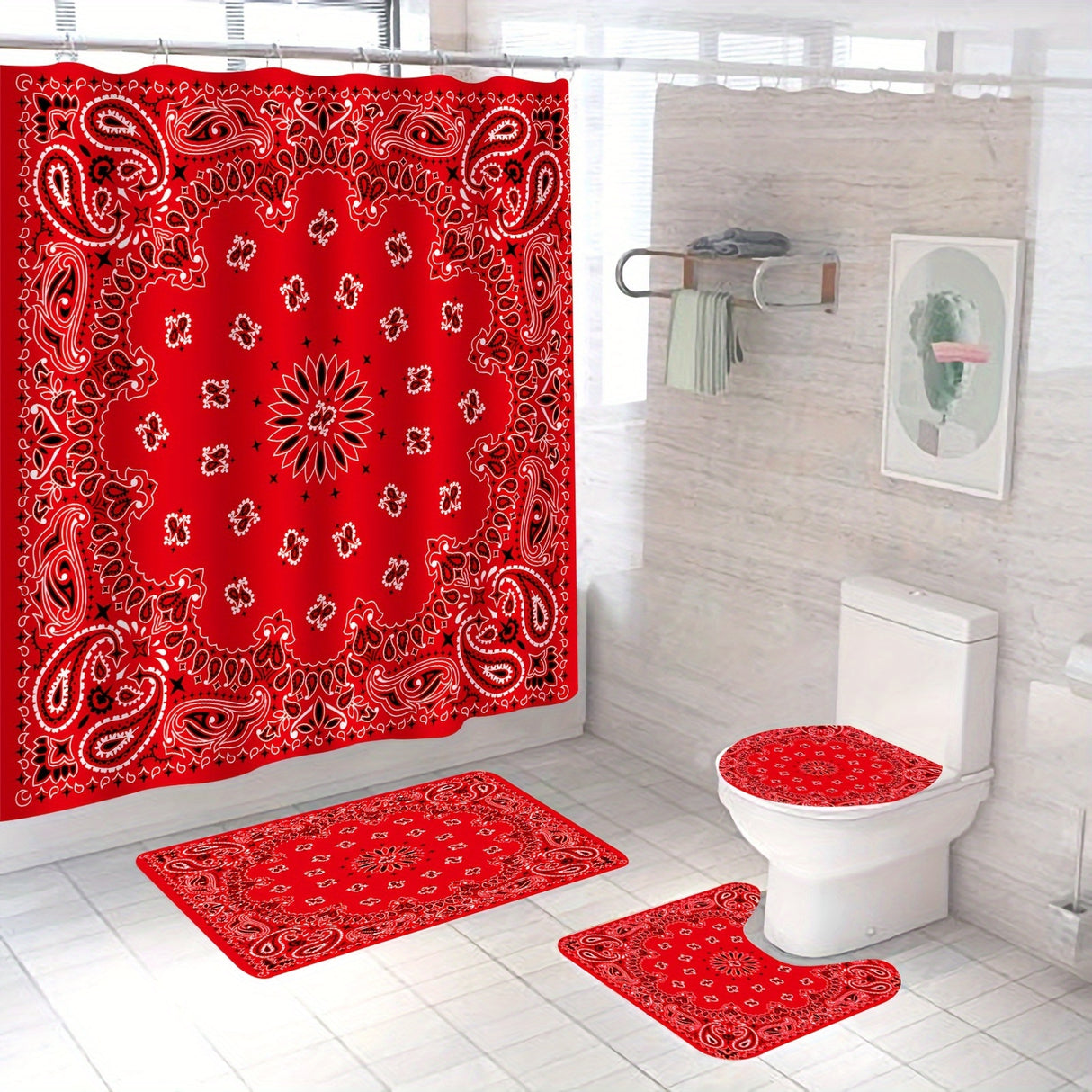 1/4pcs Deluxe Bathroom Essentials Set - Waterproof Shower Curtain with 12 Hooks, Non-Slip Bath Rug, U-Shape Mat, Toilet Lid Cover Pad - Complete Bathroom Accessories and Home Decor Solution