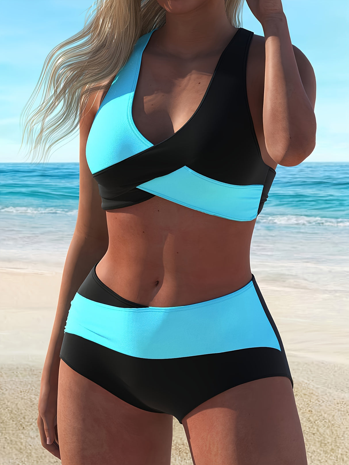 [Color Blocked Bikini] Two-piece Color Blocked Bikini Swimsuit - New European And American Cross Split Swimsuit For Women