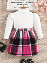 Girl's Elegant 2pcs, Ribbed Long Sleeve Top & Skirt Set, Button Decor Plaid Print Casual Outfits, Kids Clothes For Spring Autumn