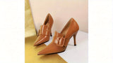 Lightweight Brown PU Stiletto Heels - Elegant Pointed Toe with Decorative Buckle Strap, Versatile Strappy Heels for Women All Seasons