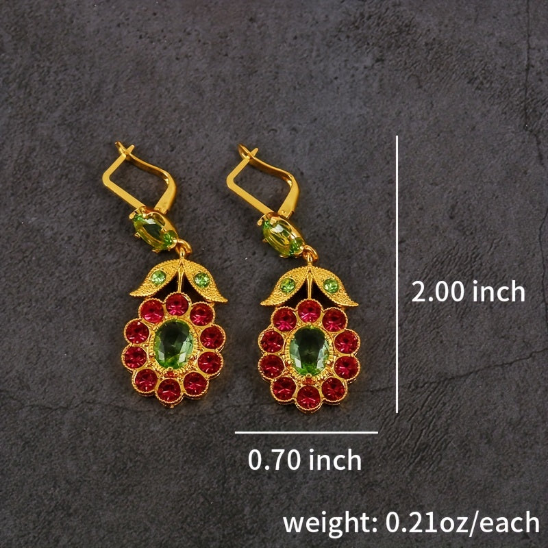 Vintage-Inspired 925 Silver Plated, 14K Gold Plated Dangle Earrings with Mosaic Synthetic Gems, Boho Chic Flower Rose Red Leaf Design, Zinc Alloy Construction, Ideal Gift for Women