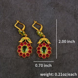 Vintage-Inspired 925 Silver Plated, 14K Gold Plated Dangle Earrings with Mosaic Synthetic Gems, Boho Chic Flower Rose Red Leaf Design, Zinc Alloy Construction, Ideal Gift for Women