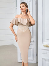 Elegant Bodycon Mermaid Dress for Women, Polyester 95% Elastane 5% Knit Fabric, Solid Color, Criss-Cross Shoulder with Ruffle Detail, Lace Back Split, Perfect for Evening Party - 550 g/m²