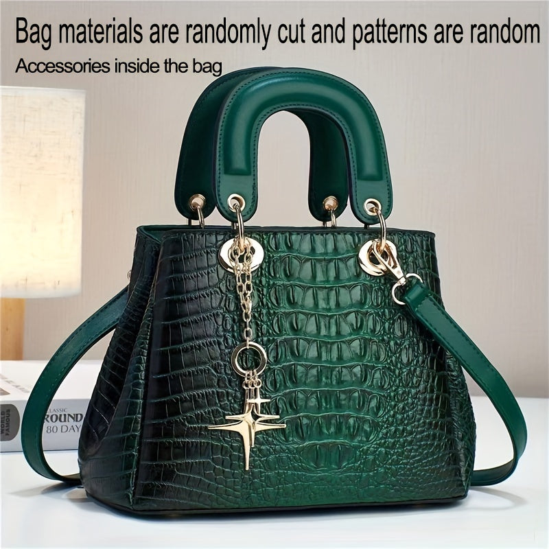 Luxurious PU Crocodile Print Tote Bag - Spacious Interior, Zipper Closure, Polyester Lining, Top Handle Satchel, Shoulder Bag, Crossbody Bag & Purse - Elegant Womens Fashion Handbag with Edge Painted Details