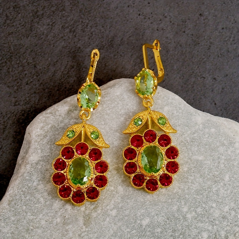 Vintage-Inspired 925 Silver Plated, 14K Gold Plated Dangle Earrings with Mosaic Synthetic Gems, Boho Chic Flower Rose Red Leaf Design, Zinc Alloy Construction, Ideal Gift for Women