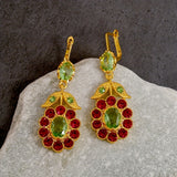 Vintage-Inspired 925 Silver Plated, 14K Gold Plated Dangle Earrings with Mosaic Synthetic Gems, Boho Chic Flower Rose Red Leaf Design, Zinc Alloy Construction, Ideal Gift for Women