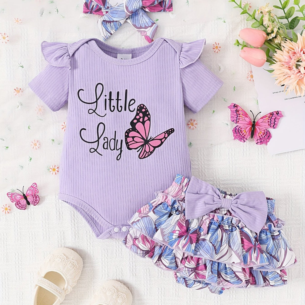 Newborn baby girl summer butterfly printed pleated short-sleeved pit top bloomers skirt suit+headscarf three-piece suit