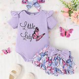 Newborn baby girl summer butterfly printed pleated short-sleeved pit top bloomers skirt suit+headscarf three-piece suit