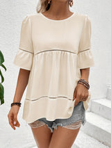 Solid Ruffle Trim Blouse, Vacation Cut Out Crew Neck Summer Blouse, Women's Clothing