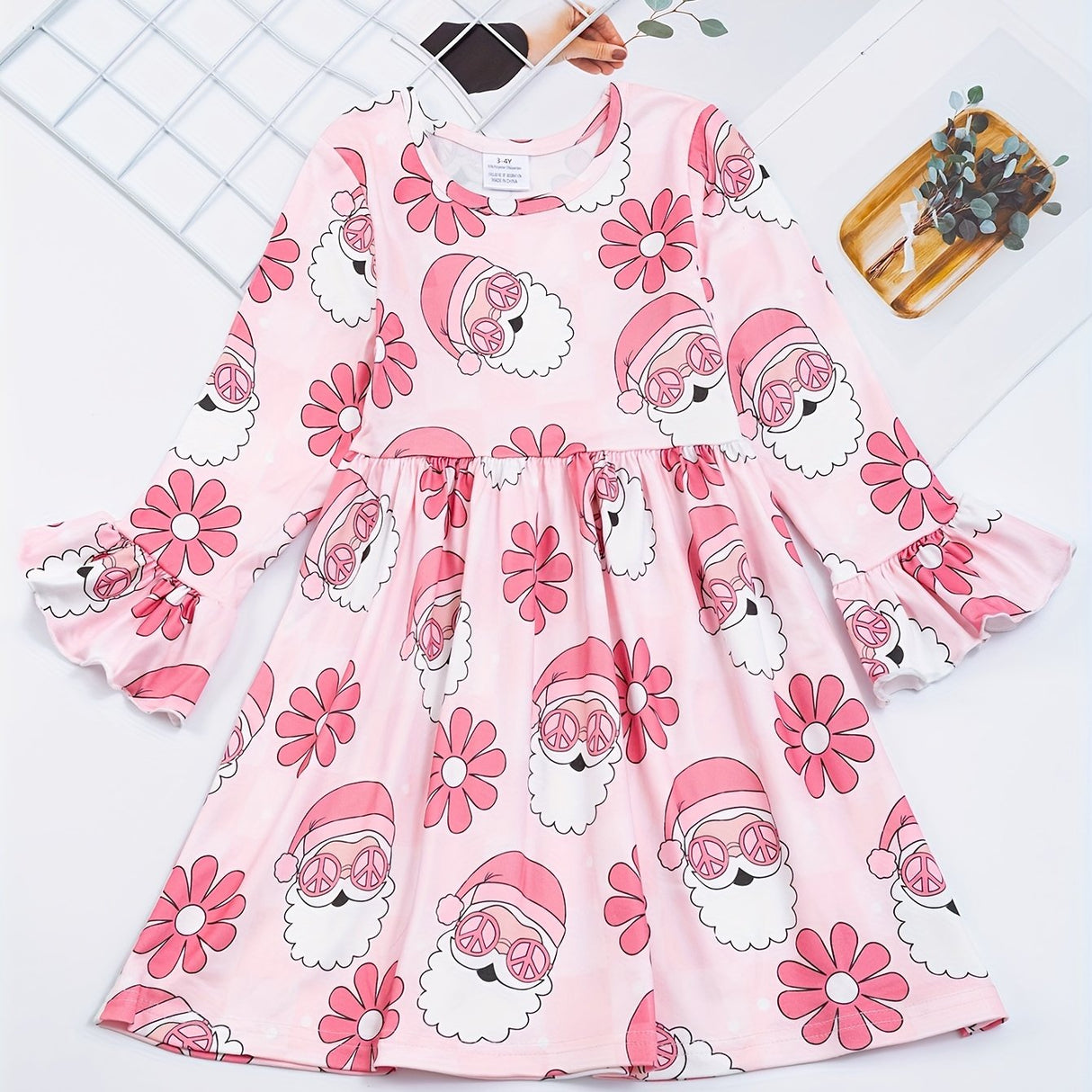 Festive Girls' Christmas Party Dress - Casual & Stretchy Santa Claus & Candy Graphic Kids Clothes for Girls