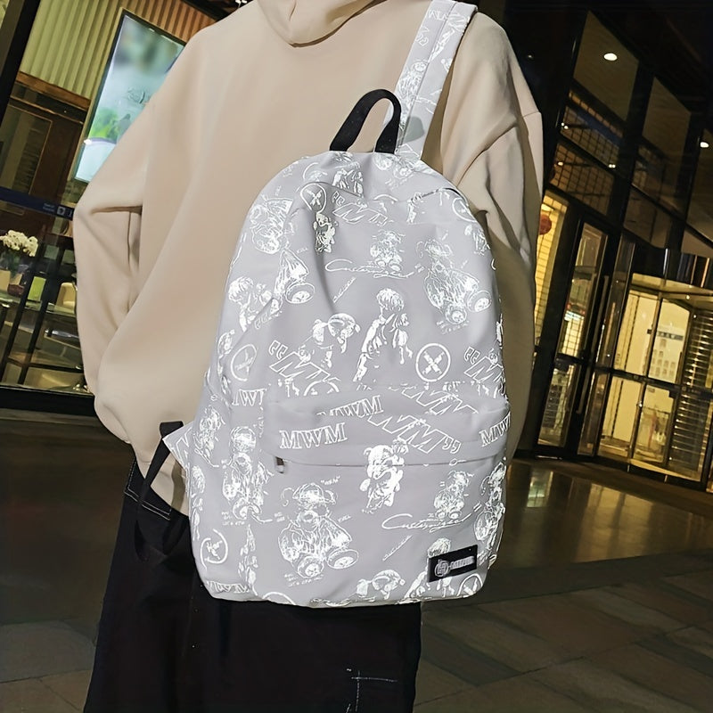Reflective Graffiti-Style Large Capacity Backpack - Durable Nylon, Casual College & High School Bag with Laptop Compartment, Hand-Washable, Black with White & Gray Graphics, Backpack for School