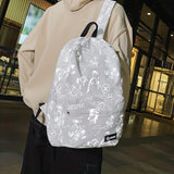 Reflective Graffiti-Style Large Capacity Backpack - Durable Nylon, Casual College & High School Bag with Laptop Compartment, Hand-Washable, Black with White & Gray Graphics, Backpack for School