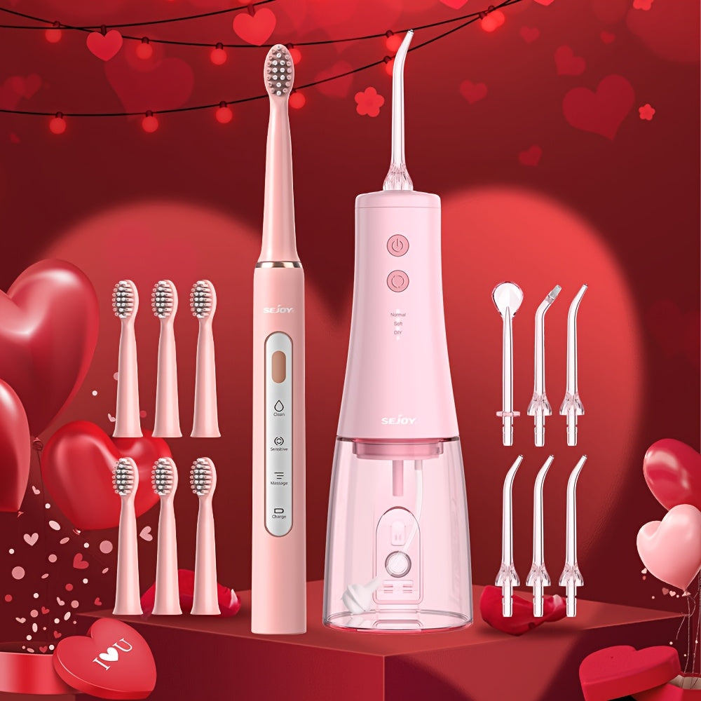 Pink Water Flosser And Electric Toothbrush, 6 Jet Tips & 8 Brush Heads, Usb Chargeable, Best Christmas Gift