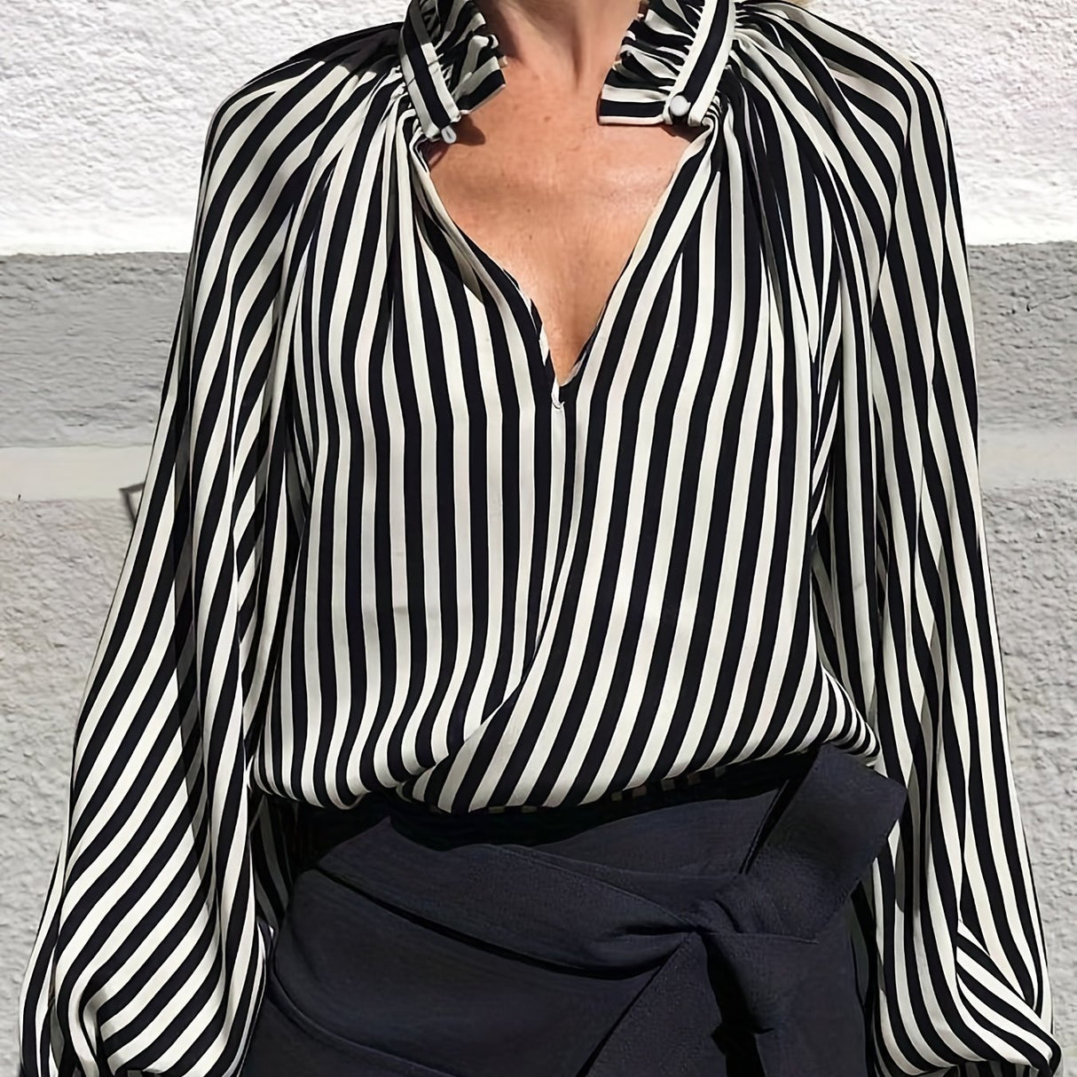 Chic Striped V-Neck Blouse with lettuce trim - Fashionable Long Sleeve Top for Women - Elegant Casual Wear