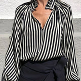 Chic Striped V-Neck Blouse with lettuce trim - Fashionable Long Sleeve Top for Women - Elegant Casual Wear