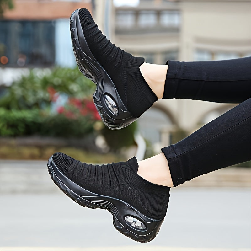 SOSENFER Women's 2089 Breathable Knit Running Shoes - Low-Top Slip-On Design, All-Season Comfort with PU Cushioned Sole for Gym, Jogging & Casual Wear (Black/White)