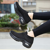 SOSENFER Women's 2089 Breathable Knit Running Shoes - Low-Top Slip-On Design, All-Season Comfort with PU Cushioned Sole for Gym, Jogging & Casual Wear (Black/White)
