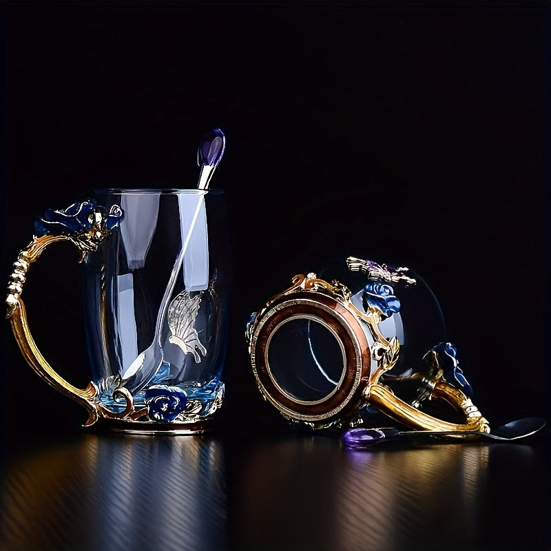 Elegant Ramadan Rose Enamel Glass Tea Cup with Spoon - BPA-Free, Crystal-Embellished Mug for Hot Drinks, Ideal Gift