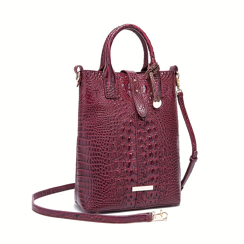 Luxurious Crocodile Embossed PU Tote Bag - Removable Strap, Buckle Closure, Edge Painted - Classic Womens Office and Work Purse for Trendy Ladies