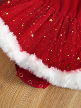 2PCS Adorable Infant Baby Girl Christmas Outfit - Faux Fur Patchwork Long Sleeve Round Neck Romper Dress Jumpsuit Skirt with Bow Headband - Soft, Cozy, and Festive Holiday Clothing Set for Little Princess