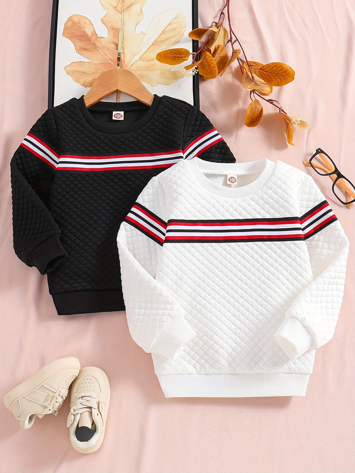 2pcs Boys Casual Striped Creative Textured Pullover Sweatshirt, Long Sleeve Crew Neck Tops, Kids Clothes Outdoor