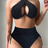 Elegant Halter Neck Bikini Set with High-Waist Tummy Control - Stretchy, Non-Transparent Nylon Blend Swimsuit for Women, High Waisted Bikini Set