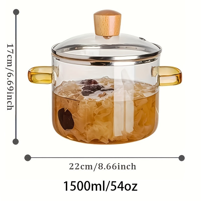 50.72oz Borosilicate Glass Stovetop Pot with Lid - Heat Resistant Transparent Cooking Pot for Soup, Milk, Porridge - Dual Yellow Handles, Microwavable & Stove Compatible Cookware