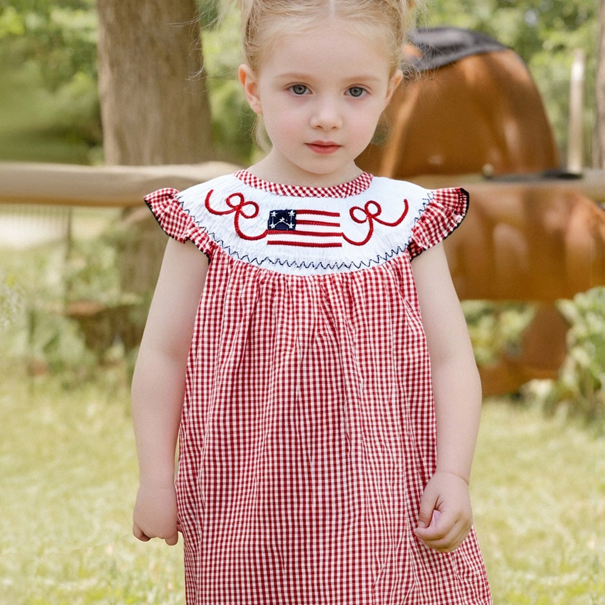 Toddler Girls Patriotic 4th of July Dress with American Flag Embroidery, Ruffled Sleeves & Bow Detail - Red Gingham A-Line Cotton Blend Beach Party Outfit for Independence Day Celebrations, Little Girls Outfit Sets