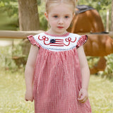 Toddler Girls Patriotic 4th of July Dress with American Flag Embroidery, Ruffled Sleeves & Bow Detail - Red Gingham A-Line Cotton Blend Beach Party Outfit for Independence Day Celebrations, Little Girls Outfit Sets