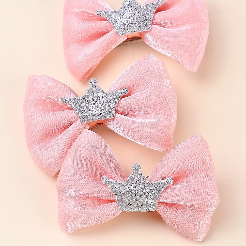 8pcs Adorable Pink Glitter Puppy Hair Bows with Crown Metal Clips - Handmade Pet Grooming Accessories for a Cute, Stylish Look, Dog Hair Styling|Glittery Pet Bow|Soft Texture Bow, Dog Hair Accessories